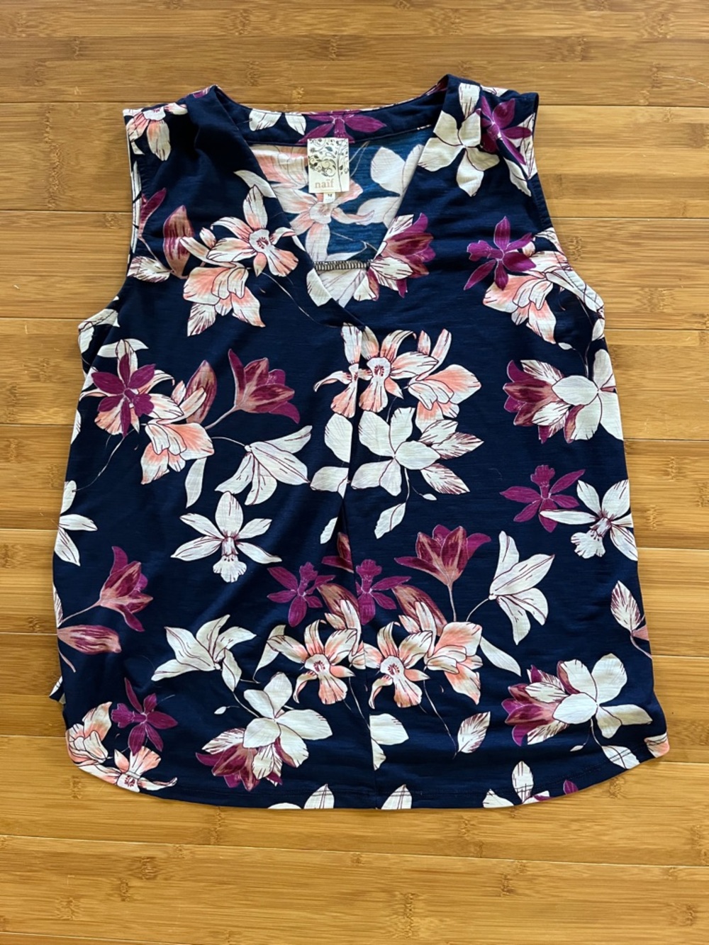 NAIF Navy Floral V-Neck Sleeveless Tank with Pink & Cream Blooms